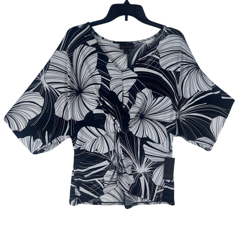 Bold Elements Womens Black White Floral Twist Front Kimono Sleeve Top Medium NWT